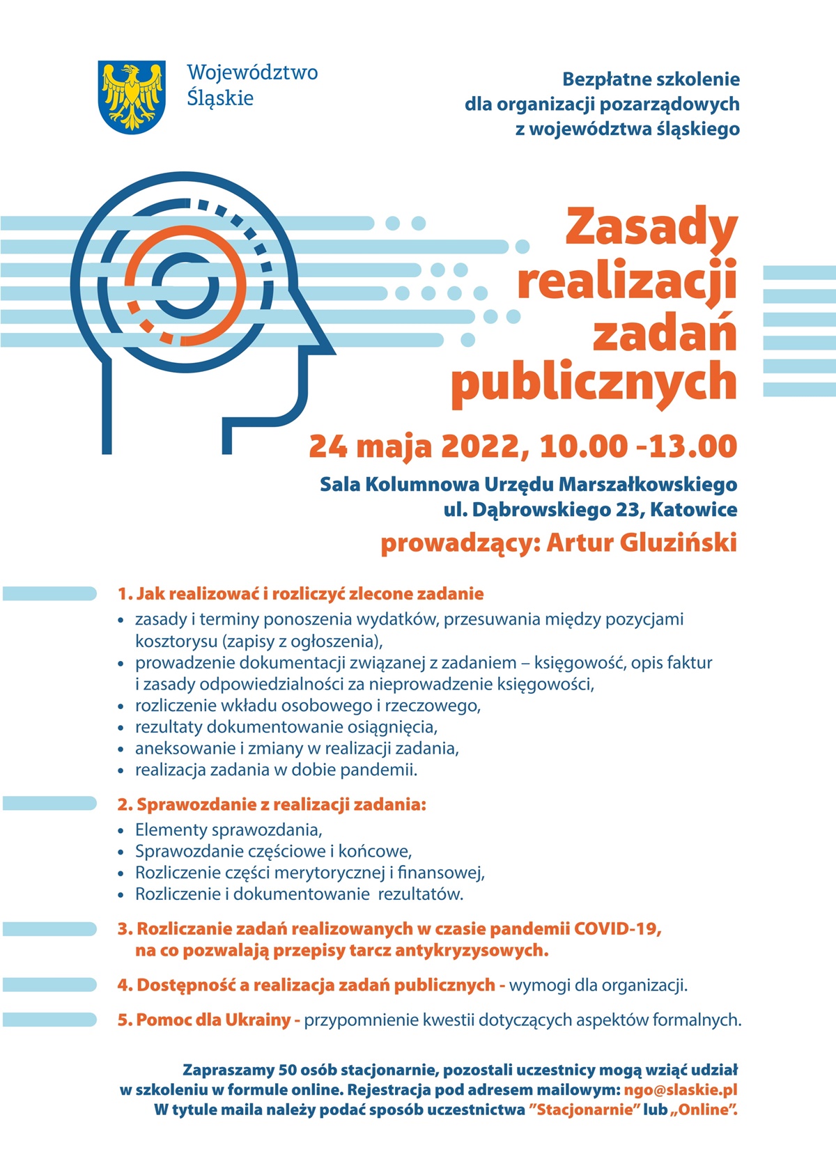 Plakat dotyczący bezpłatnego szkolenia dla organizacji pozarządowych z województwa śląskiego mat.pras